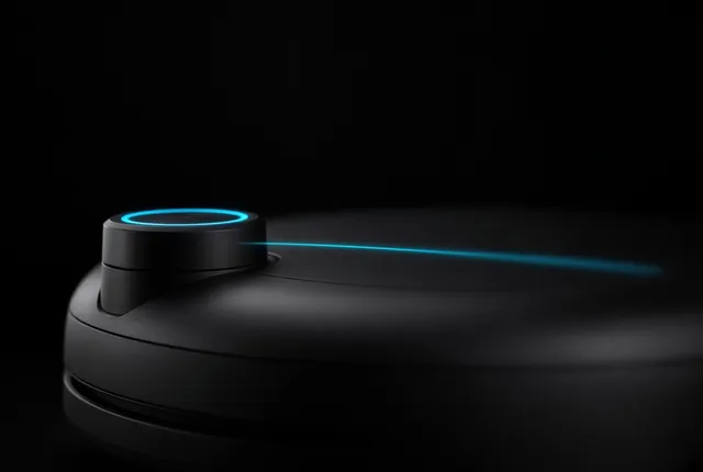 Laser beams from a robot vacuum's LiDAR navigation sensor mapping a room