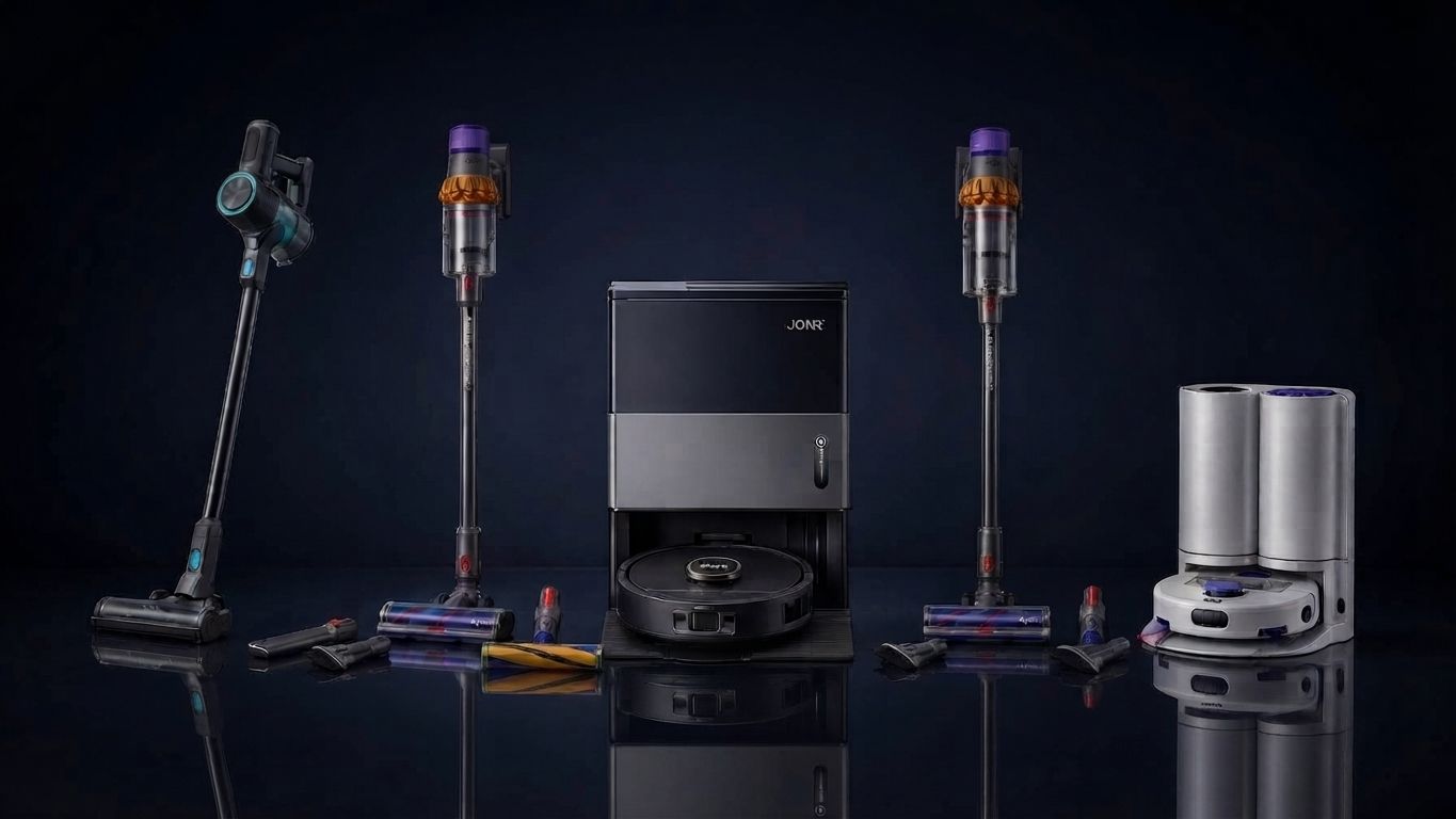A lineup of cordless stick vacuums and self-emptying robot vacuum docks photographed on a dark studio floor